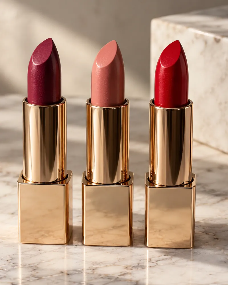 Tres labiales en barra con estuche dorado