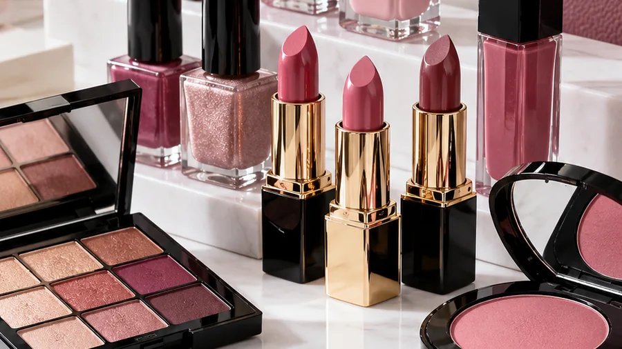 Labiales, esmaltes, paleta de sombras y rubor sobre mármol